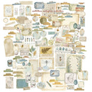 A collage of vintage-style scrapbook paper elements, labels, tags, floral illustrations, butterflies, leaves, and small decorative graphics arranged on a white background.