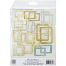 The Quilt Observer Framule Set by 49 and Market, containing 26 pieces of geometric square and rectangular cutout frames in cream, gold, and light blue, packaged in a clear plastic bag.