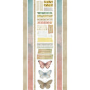 A vertical strip of decorative paper or craft striping featuring pastel stripes, vintage labels, and butterfly illustrations on a white background.