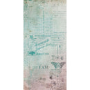Vintage-style collage wallpaper featuring faded teal and pink text, script, bookplates, stamps, and a butterfly illustration on a distressed background.
