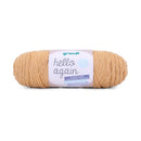 Ball of yarn with a 'hello again' label on a white background