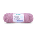 A single skein of Grundl Hello Again yarn in a dusty mauve-pink color, wrapped with a white paper label, on a clean white background.