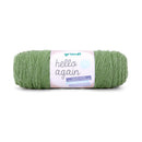 A single skein of green PET yarn with a white paper label that reads 'gründl hello again', shown against a plain white background.