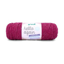 A single skein of Grundl Hello Again yarn in a deep magenta-purple color, wrapped with a white paper label, on a clean white background.