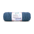 A skein of Grundl Hello Again yarn in a dusty slate blue color, wrapped with a white and pink paper label, on a clean white background.