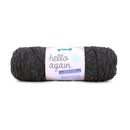 A single skein of dark charcoal gray yarn with a pink and white paper label reading 'gründl hello again', centered on a plain white background.