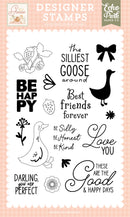 Echo Park Silliest Silly Goose clear stamp set packaging with goose stamps, strawberry branch, bow, flower and cheerful sentiments on a peach gingham background