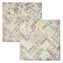 Two square sheets of patterned craft paper or vinyl with a vintage newspaper collage design, displayed overlapping on a plain white background.