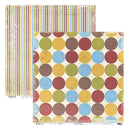 Two scrapbooking paper sheets featuring a multicolor polka dot pattern and a striped pattern with distressed edges, displayed on a clean white background.