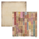 Two square sheets of scrapbook paper from Papermania's 'Time Traveler' collection. One sheet features a distressed, textured beige background, while the other displays a dense collage pattern of vintage travel tickets and boarding passes in various colors like red, purple, blue, and yellow.