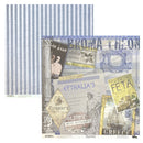 A sheet of Greek-themed scrapbooking paper displayed alongside a coordinating blue and white striped paper. The main sheet features vintage-style collage elements with Greek text, illustrations of classical figures, and elements like 'Ethalia's', 'Zingari', and 'Olympus Greek Restaurant'.