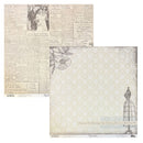 Two square scrapbook paper sheets with vintage newspaper and floral damask patterns, displayed on a white background.