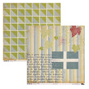 Two decorative paper sheets with printed patterns and text, shown overlapping on a white background. One sheet features green and gray geometric triangle motifs, and the other has vertical stripes with Greek script, red and green leaves, and a blue-gray block.