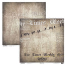 Two square decorative paper sheets with a vintage newspaper design reading 'The Times Weekly Edition,' featuring a distressed beige and brown texture, black bird silhouettes on a wire, and faint newspaper clippings.