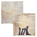 Two square art paper sheets with vintage-style collage designs, one featuring a faded circular stamp and the other with black raised hands over aged newspaper text, shown on a white background.