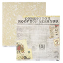 A sheet of scrapbooking paper from 70Pals, featuring a vintage newspaper collage design with the headline 'COMING TO A ROOF TOP NEAR YOU' and a second sheet showing a pale yellow damask pattern, displayed on a clean white background.
