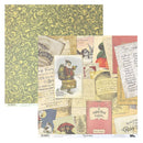 A sheet of scrapbook paper with a vintage collage design featuring old newspaper clippings, handwritten notes, and a Christmas figure, shown alongside a coordinating green and gold patterned paper swatch.