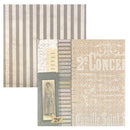 Two sheets of scrapbooking paper with vintage designs, one featuring vertical stripes in beige and brown, and the other featuring a collage of old labels, a portrait, and decorative text on a beige background.