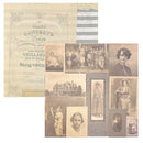 A collage of vintage printed and photographed documents, including a large concert program page, handwritten letters, family group photos, portraits, and a house architectural print, arranged on a white background.