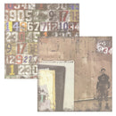 A collage of scrapbook paper sheets featuring distressed textures, vintage numbers, grid lines, and a sepia-toned figure wearing a jersey with a 'C' on the chest.