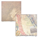 Two square scrapbook paper sheets. The top-left sheet features a textured brown baseball field dirt pattern, while the bottom-right sheet displays a vintage baseball theme with a red stitched baseball seam, old player photos, a yellow scorecard, and a blue-and-yellow bat.