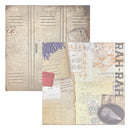 Two sheets of scrapbook paper with a vintage locker and collage design, displayed on a clean white background.