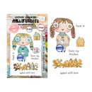 A craft stamp and die set packaging and sample sheet from Mill & Create, featuring a cartoon girl with braided pigtails, snowman eyes, gingerbread houses, and holiday motifs on a white background.
