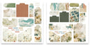 Two sheets of decorative paper cutouts or craft templates with vintage-style floral, botanical, and textured patterns in muted teal, beige, brown, and cream tones, shown on a white background.