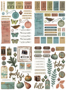A sheet of autumn-themed scrapbooking stickers featuring vintage labels, pumpkins, leaves, butterflies, birds, and handwritten-style text elements in muted fall colors.