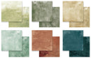 Six textured square swatches arranged in a 2x3 grid on a white background, showing color and material options in light green, olive green, beige, mint green, terracotta, and dark teal.