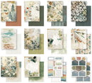A 12-piece set of scrapbooking paper sheets and sticker sheets arranged in a grid. The designs feature various rustic, vintage, and nature-inspired patterns including watercolor florals, butterflies, leaves, honeycomb textures, and motivational quote stickers.