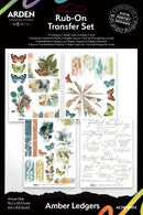 A product packaging card for the Arden Creative Studio 'Rub-On Transfer Set' by Kathie Pertiet Designs, featuring four watercolor transfer sheet designs with butterflies, leaves, and typography on a white background with black borders.