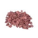 A pile of small square plastic clips or fasteners in a dusty rose or mauve color, photographed on a plain white background.