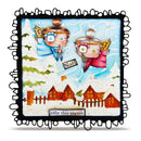 A square mixed-media art print featuring whimsical Christmas angels in a snowy village, framed by a black hand-drawn border on a white background.