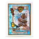 A square mixed-media art card featuring a bluebird, autumn leaves, and vintage-style collage elements on a white background.
