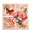 A square mixed-media art card featuring a vintage collage design with four stamp-like panels, a butterfly, pink and red tulips, and distressed text and ink patterns on a cream background.