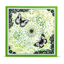 A square handmade greeting card featuring a vibrant green border and a white and lime green mandala pattern with two black and white butterfly embellishments.