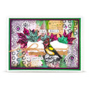 A square mixed-media art card featuring a yellow and black bird, pink and green leaves, lace patterns, and vintage-style text elements, framed by a green border on a white cardstock background.