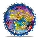 A circular decorative art print or sticker featuring three yellow butterflies on a purple, blue, and red watercolor background with the words 'Transformation', 'Breakthrough', and 'Originality'.