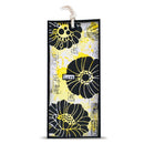 A rectangular decorative bookmark or art tag with a white hanging string, featuring large black floral silhouettes, yellow splatter accents, and mixed printed text and line details on a white background.
