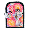 A square decorative plaque or art print with a black stitched border, featuring a whimsical bride illustration over large pink and orange floral patterns. The bride wears a veil and bouquet, and a small hanging tag reads, "I'm the main character, he's the Plot twist.