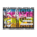 A square decorative card or art print with a black film-strip border, featuring a colorful abstract pattern in pink, blue, yellow, orange, and purple, overlaid with white botanical and butterfly cutout graphics, plus three white text boxes with humorous phrases.