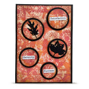 A square decorative card or art print with a distressed orange and pink patterned background, black circular frames, black leaf silhouettes, and small white labels reading Satisfaction, Serenity, and Success.
