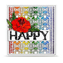 A square decorative card or print with a white border, featuring a large red flower with green leaves over the word “HAPPY” in black distressed lettering. The background has a multicolor rainbow pattern with white geometric cutout motifs.