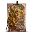 A vintage-style scrapbook card or art print featuring layered autumn leaves in yellow, brown, and green, distressed textures, the number 125, and a black binder clip at the top on a white background.