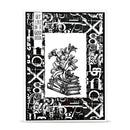A black and white art print featuring a central illustration of a stack of books with lilies growing out of them, surrounded by a distressed border of books and text.