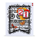 A square handmade greeting card featuring a black lace-like border, white geometric patterns, red '21' blocks, orange and yellow flowers, butterflies, and small text labels including 'Love', 'Grace', and 'Thrive' on a white background.