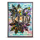 A colorful mixed-media art card featuring a cartoon owl surrounded by layered black and multicolored leaves, with the word 'FUN' across the center, shown against a plain white background.