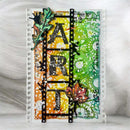 A handmade mixed-media art card featuring the word 'ART' in large black letters overlaid on a vertical film strip. The card has a white border, a left-side orange-to-yellow gradient wash, a right-side green-to-yellow splatter wash, and autumn leaf embellishments.