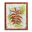 A square handmade art card featuring a central illustration of red and orange autumn leaves over a distressed white background with green watercolor splashes, postage stamp details, and a reddish-brown border.